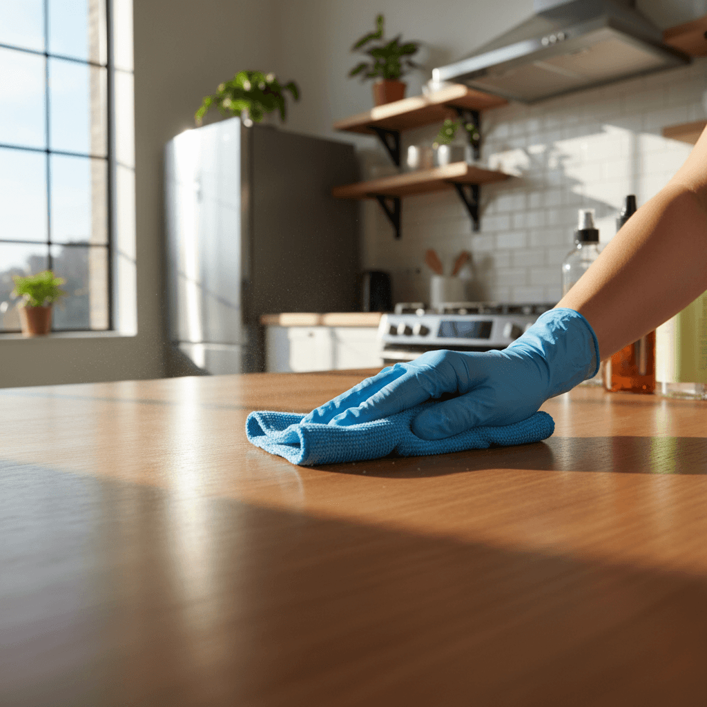 Professional cleaner working on kitchen surface