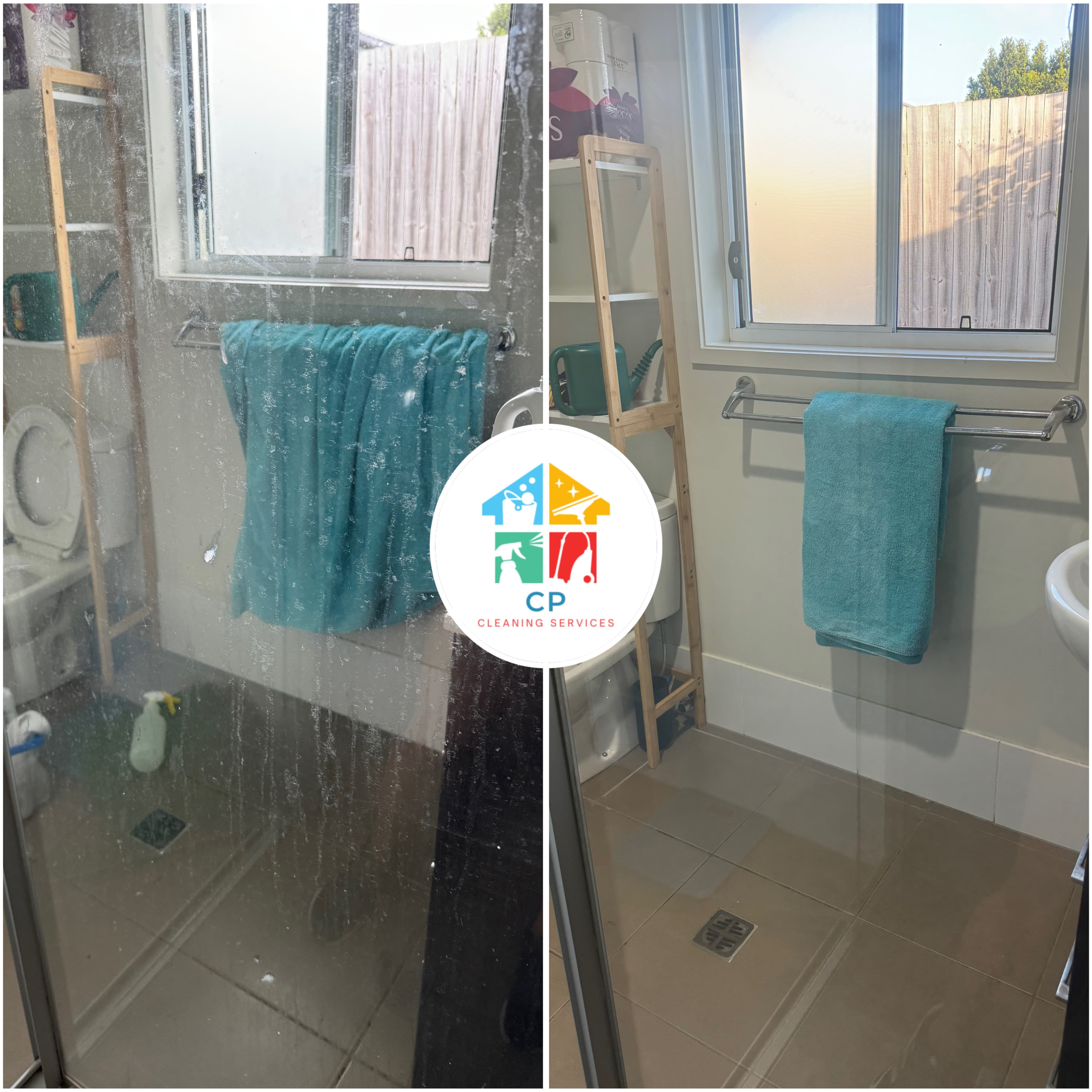 Before and after comparison of a dirty glass shower door made sparkling clean and clear.