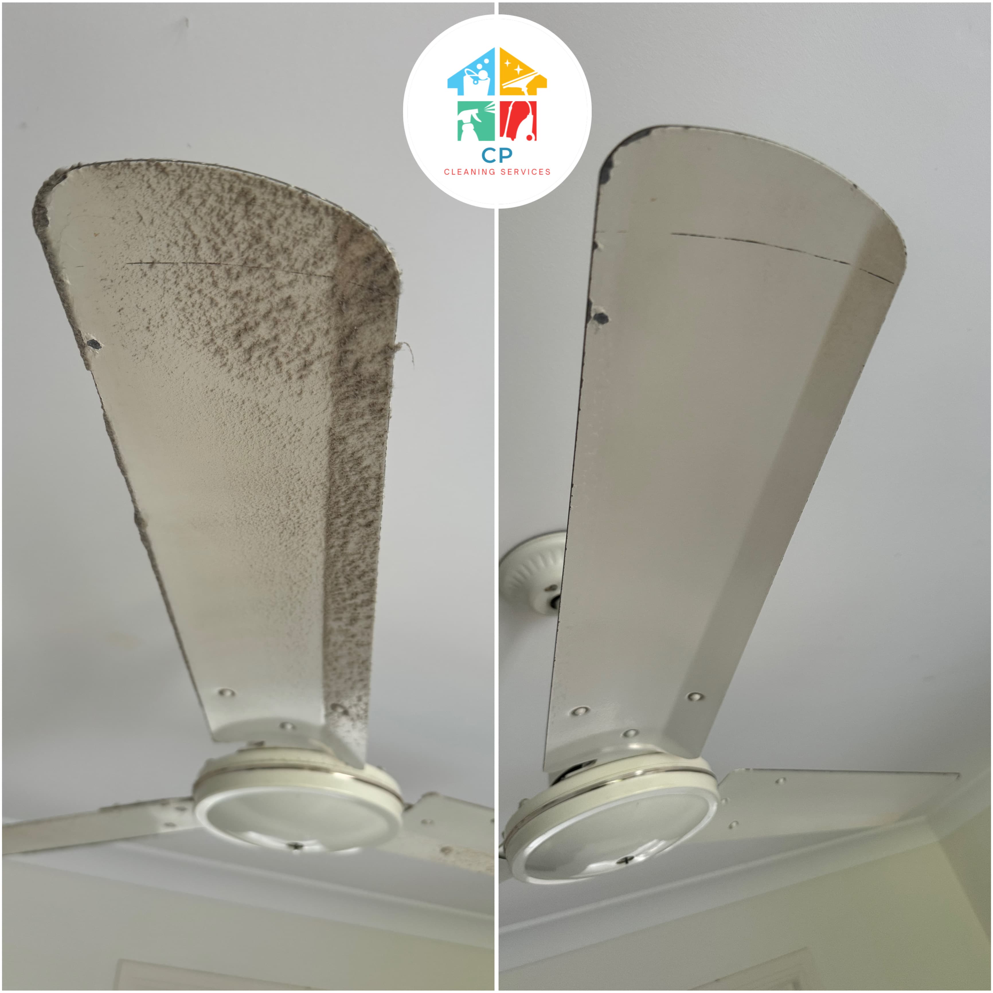 Side-by-side comparison of a dusty ceiling fan blade before and after a thorough cleaning.