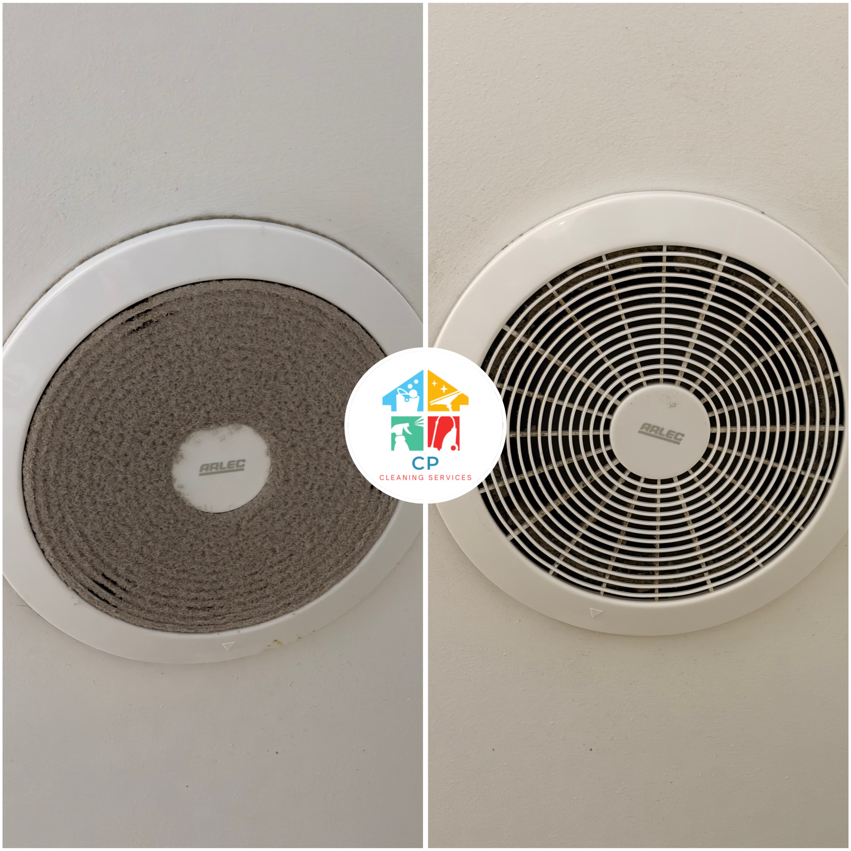 Before and after comparison of a dusty ceiling exhaust fan professionally cleaned and restored.