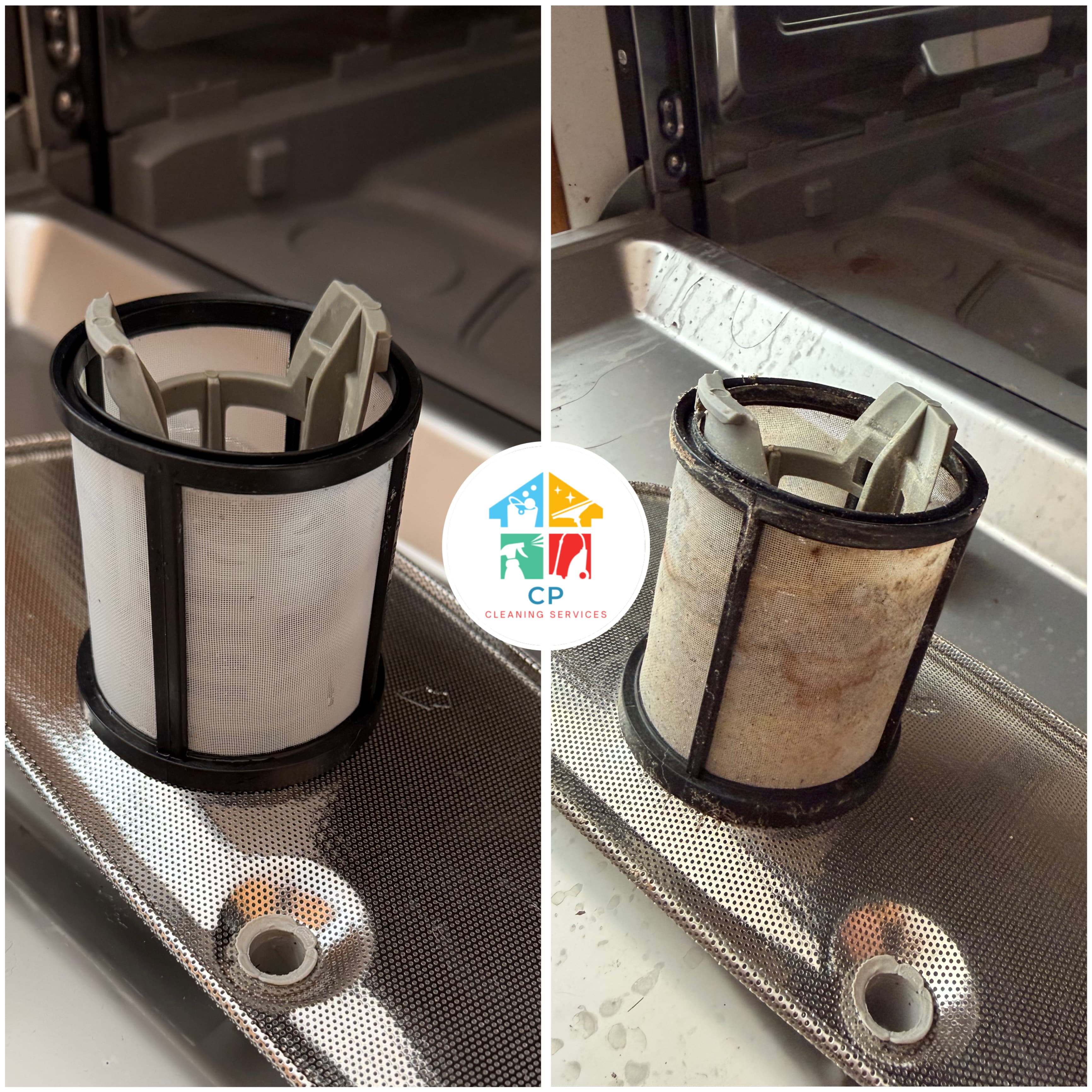 Side-by-side comparison showing a dirty dishwasher filter next to a clean, white mesh filter.