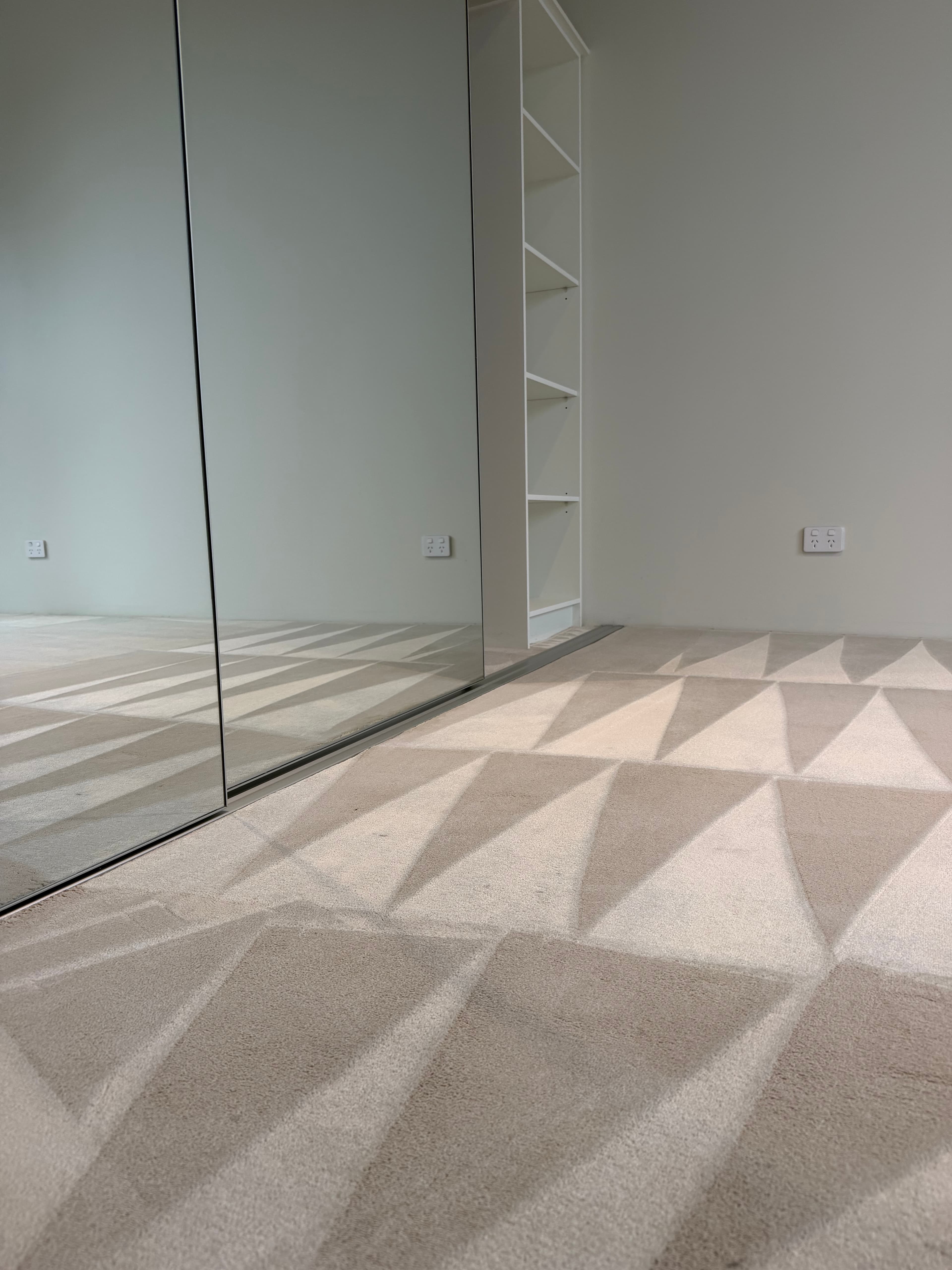 Beige geometric patterned carpet next to a large mirrored sliding door and white shelving.