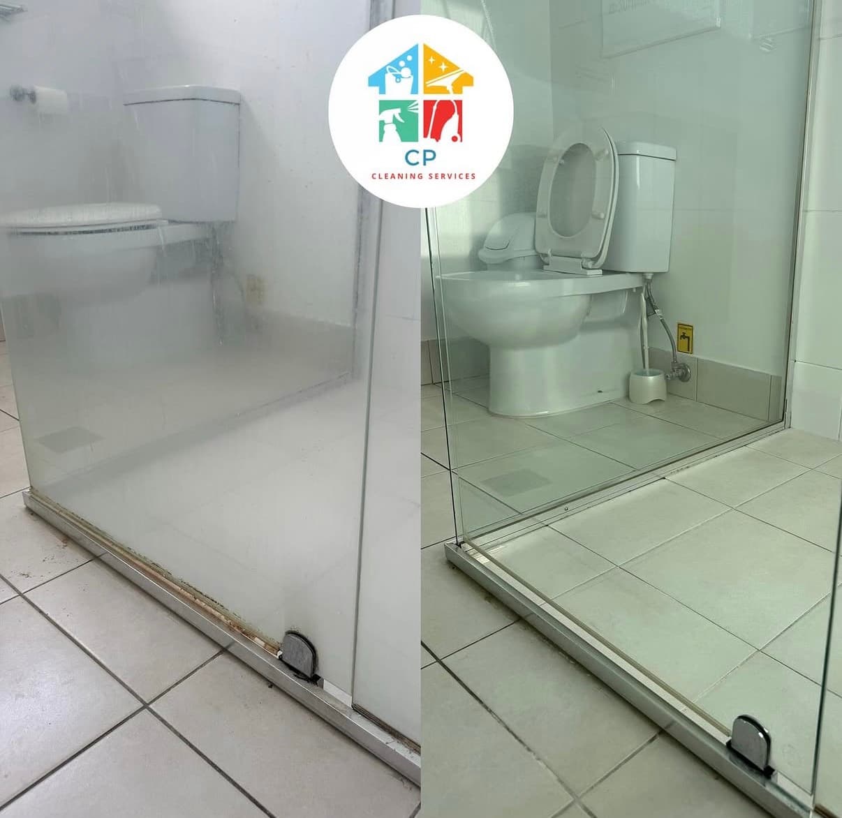 Before and after comparison of a cloudy shower door restored to a crystal clear finish.