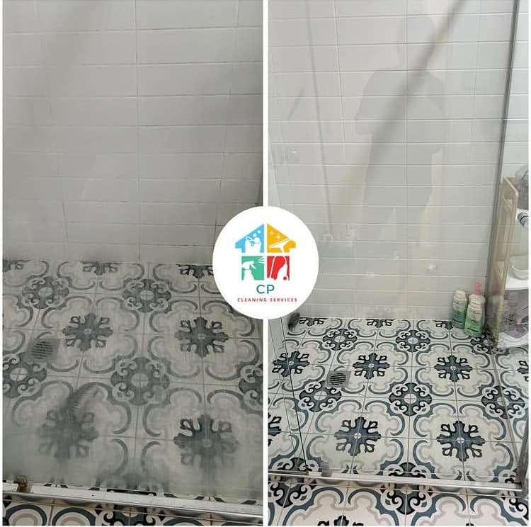 Before and after comparison of a cloudy shower glass door versus a sparkling clean glass.