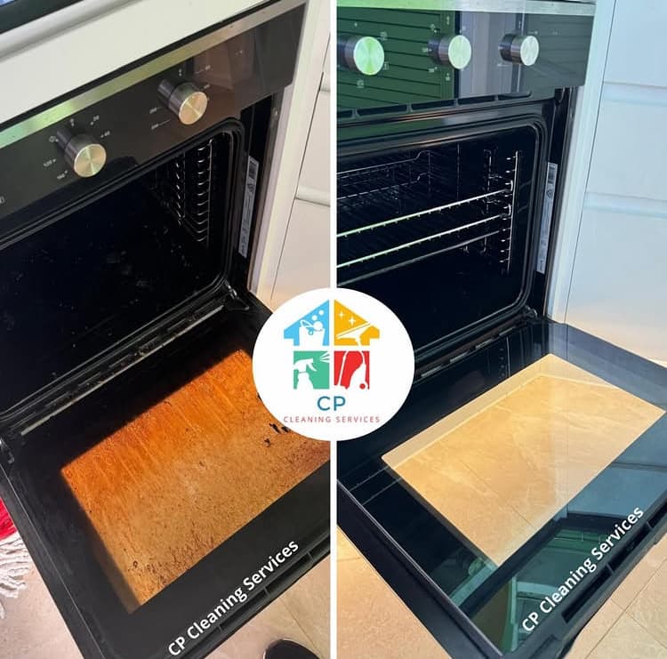 Side-by-side comparison of a greasy oven door before and after a professional deep clean.